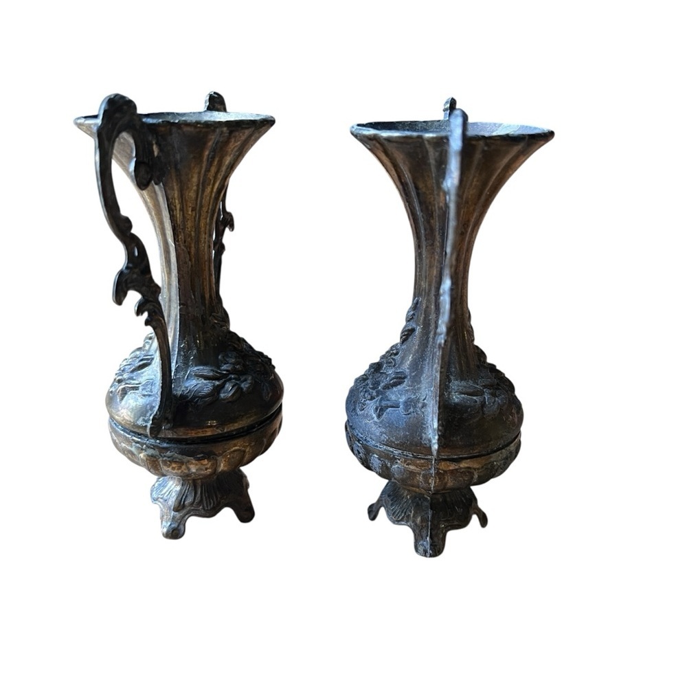 Vintage Italian Floral Ornate Metal Patina Bud Vase Pair Romantic - Picture 5 of 8